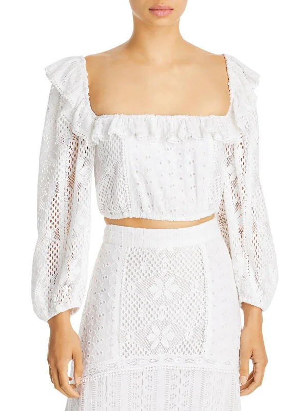 Womens Lace Overlay Ruffled Cropped