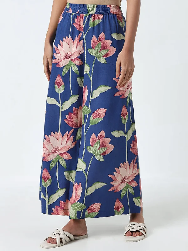 Utsa Blue Floral Printed High-Rise Cotton Palazzos