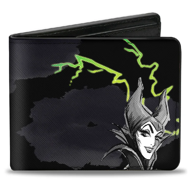 Elegant money clips for weddingsElegant money clips for weddingsBi-Fold Wallet - Maleficent Smiling Sketch Lightning Clouds Black Grays Greens